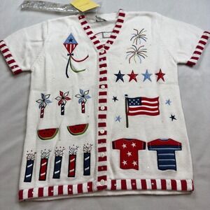 Quacker Factory Patriotic Cardigan Sweater Women Small and Button Covers‎ NWT
